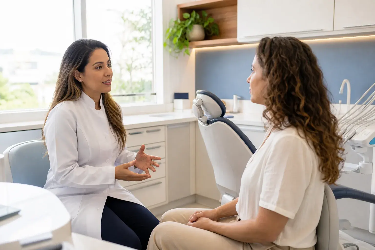 Dentista conversando com uma paciente em um consultório